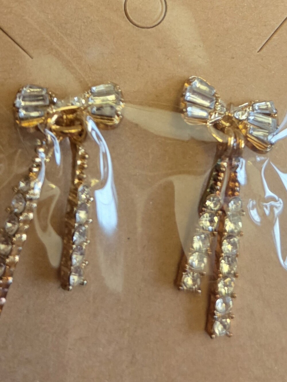 Gold Bow Drop Earrings with Clear Crystals